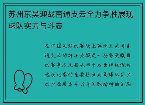苏州东吴迎战南通支云全力争胜展现球队实力与斗志